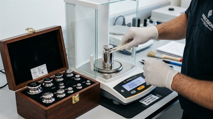Technician calibrating industrial weighing equipment with test weights