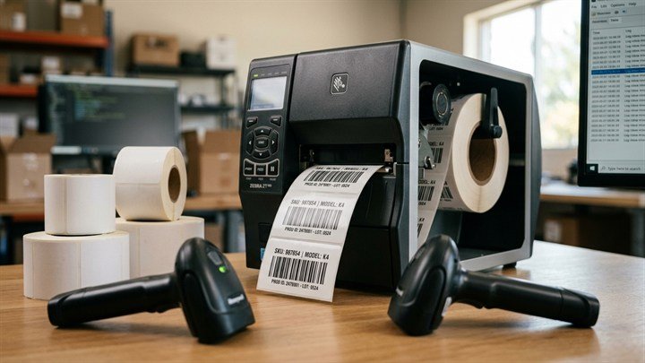 Industrial thermal barcode label printer and scanner setup
